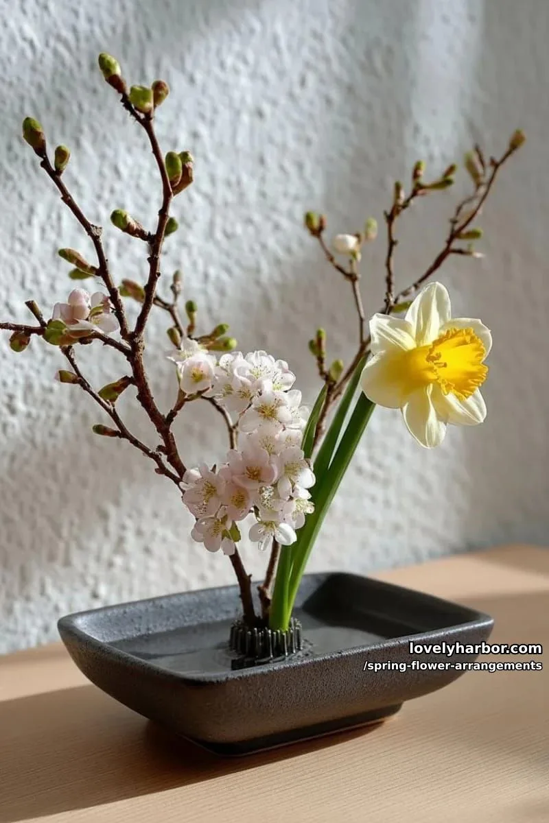 15 Spring Flower Arrangements That Will Warm Your Heart 26 minimalist ikebana arrangement using cherry blossom and a single daffodil 1