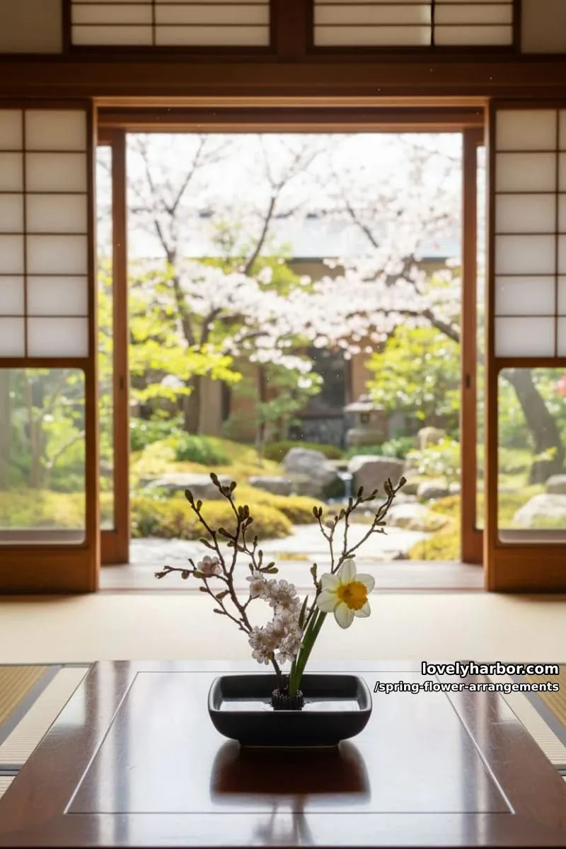 15 Spring Flower Arrangements That Will Warm Your Heart 27 minimalist ikebana arrangement using cherry blossom and a single daffodil 1