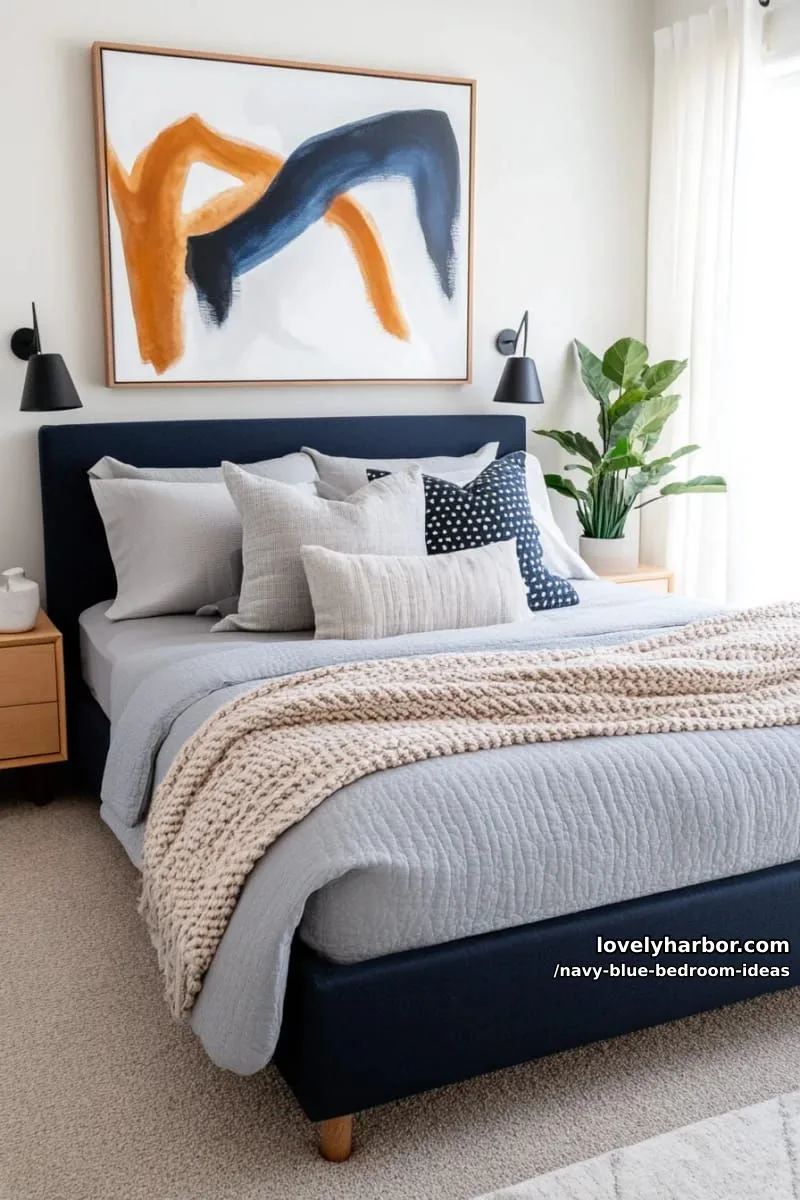 minimalist navy blue platform bed and pale gray textiles for serene contrast 1