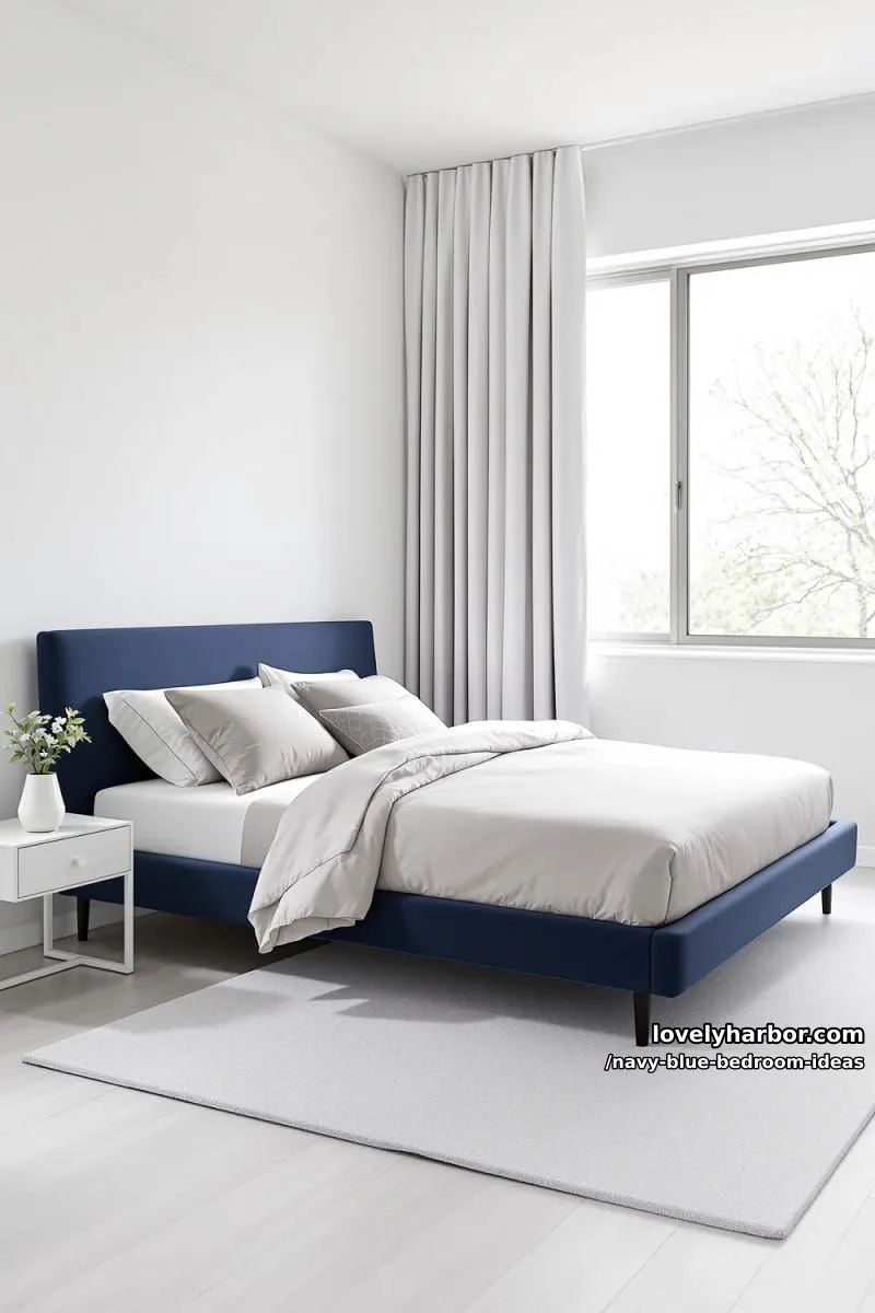 minimalist navy blue platform bed and pale gray textiles for serene contrast 1