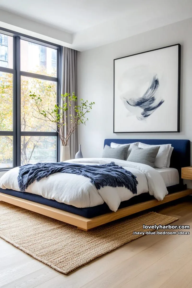 minimalist navy blue platform bed and pale gray textiles for serene contrast 1