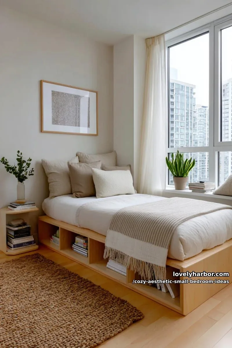 minimalist platform bed with built-in cubby shelving for books 1