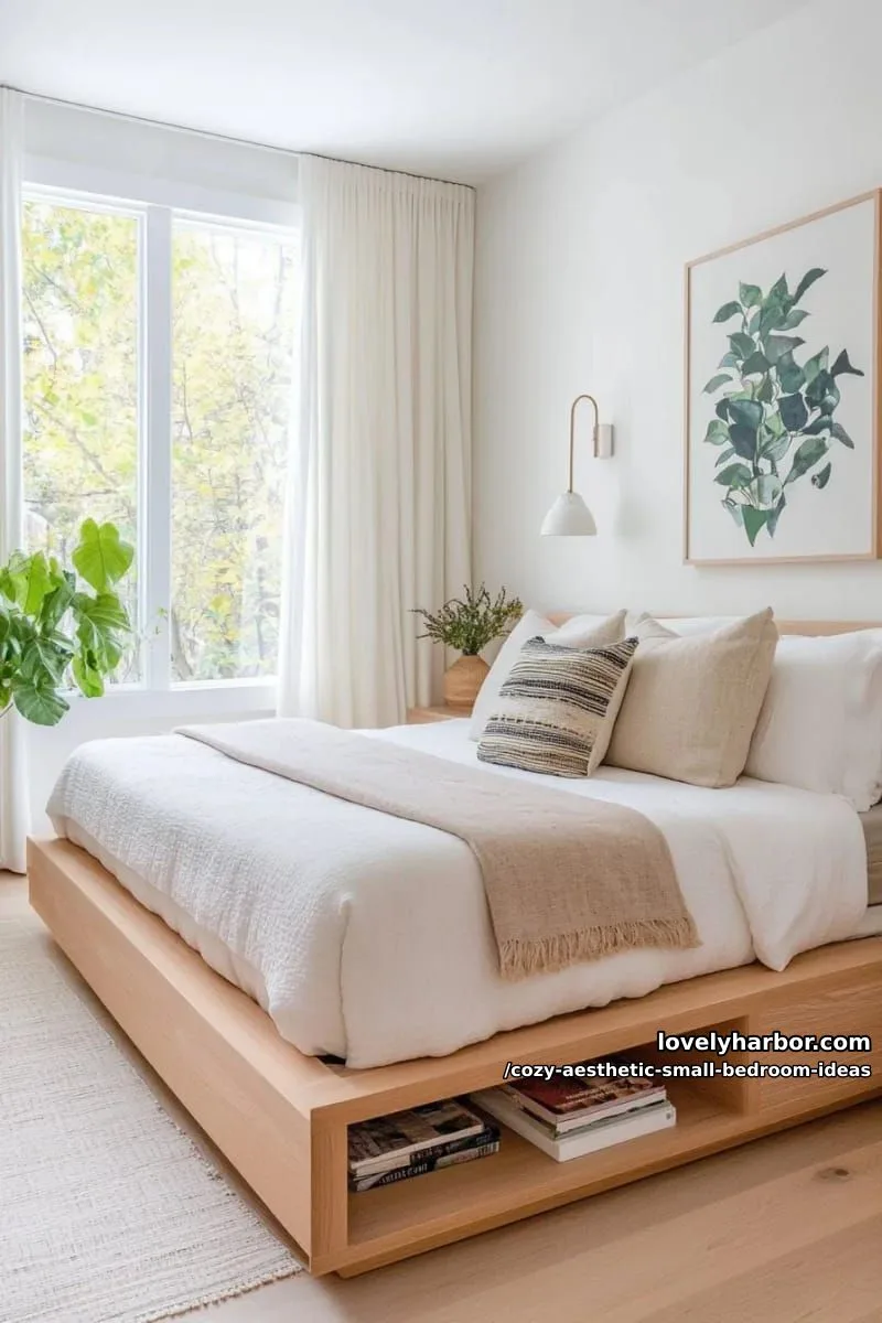 minimalist platform bed with built-in cubby shelving for books 1