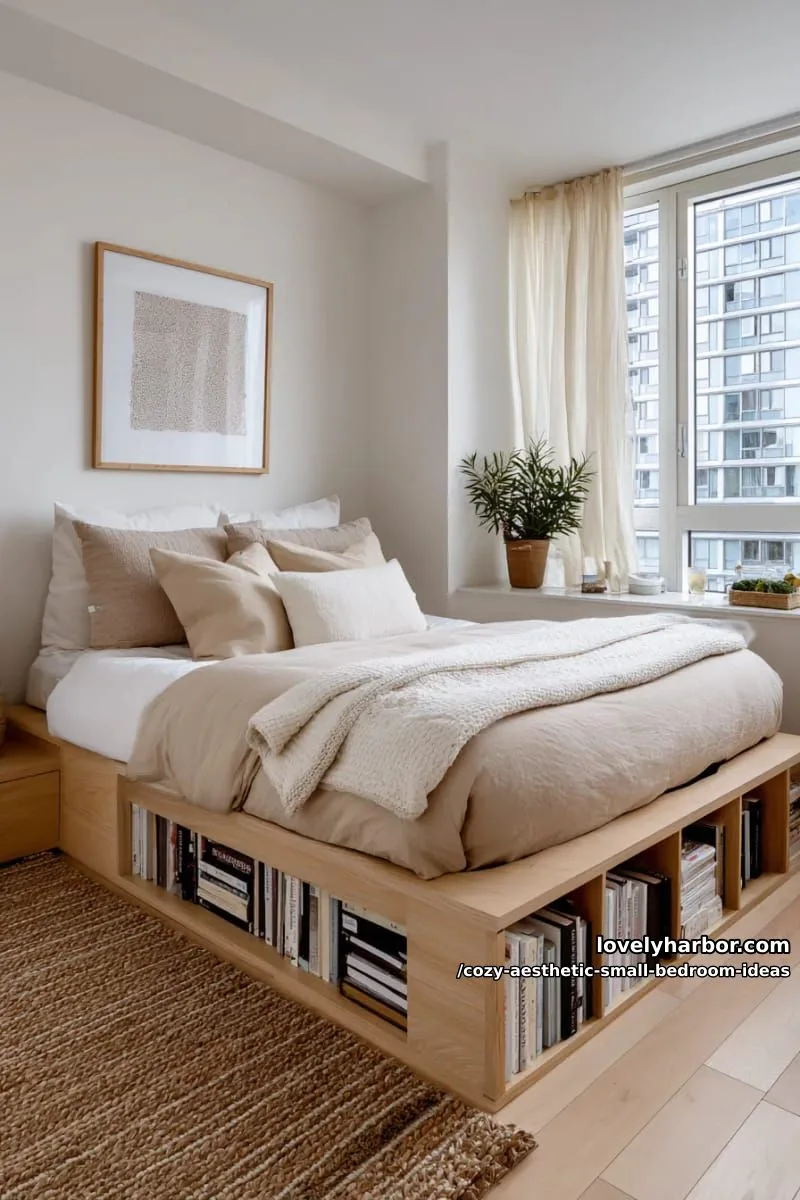 minimalist platform bed with built-in cubby shelving for books 1
