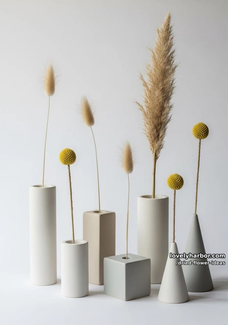 minimalist single stem dried flowers arranged in geometric ceramic holders 1