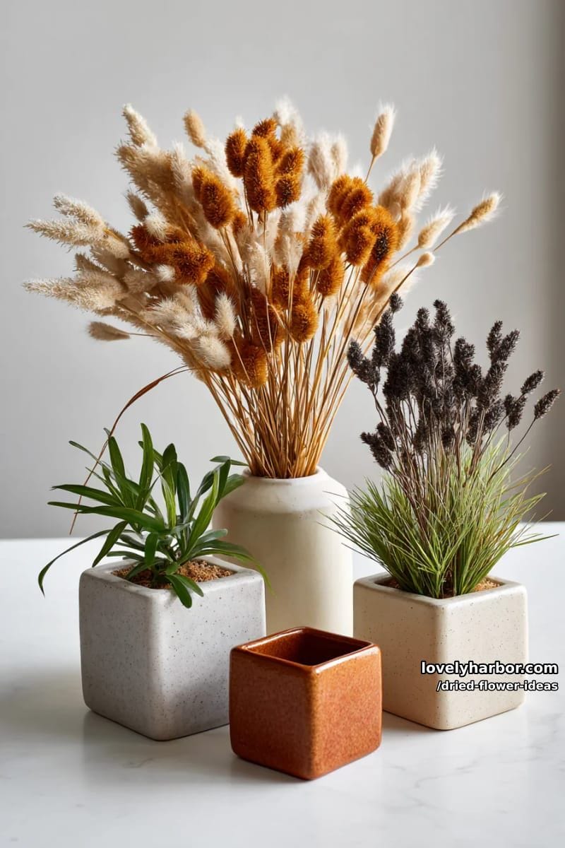 minimalist single stem dried flowers arranged in geometric ceramic holders 1