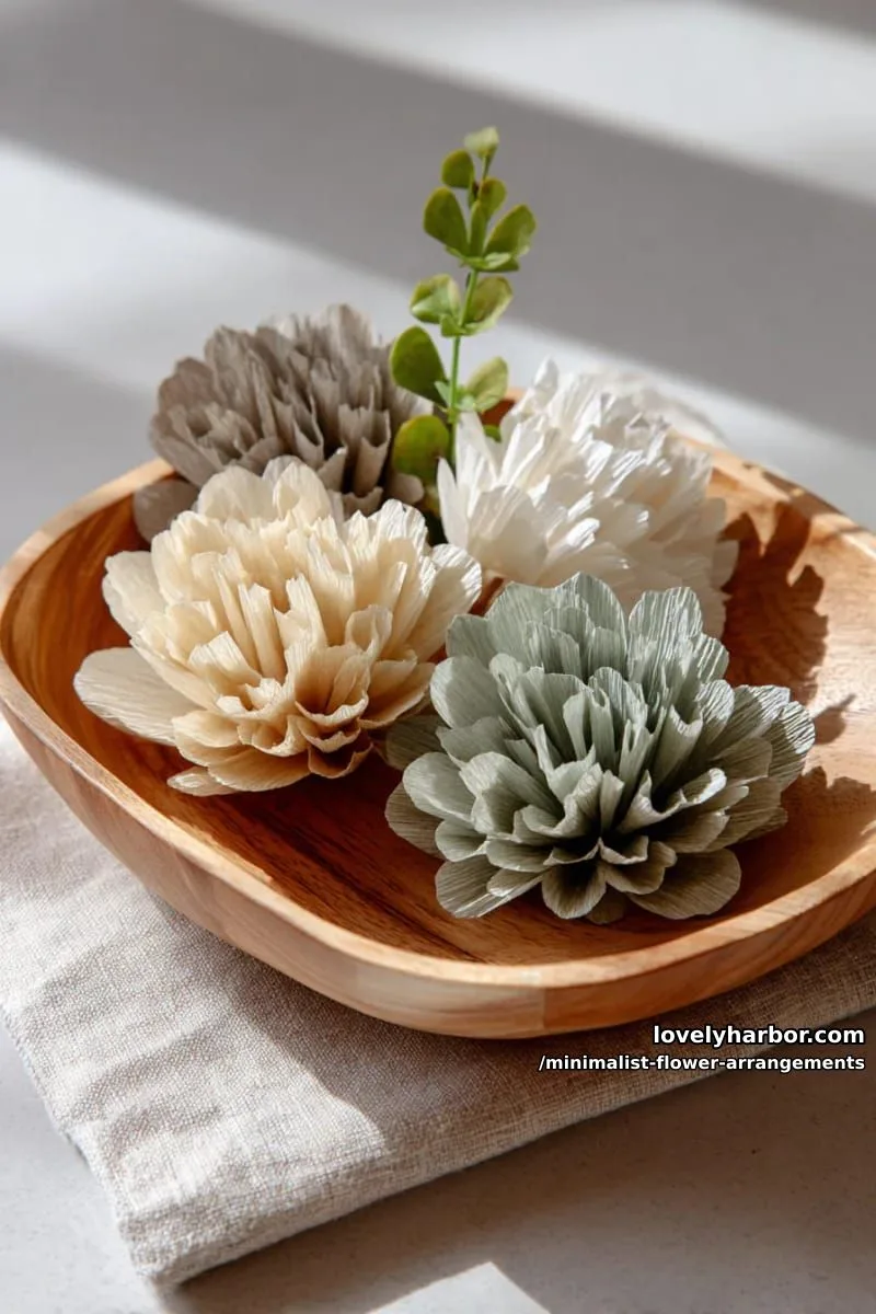 15 Chic Minimalist Flower Arrangements: Simple Designs with Huge Impact 44 minimalistic paper flowers in muted hues, arranged on wooden tray 1