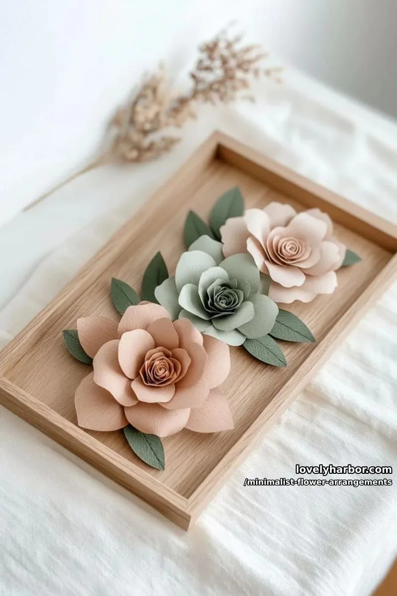15 Chic Minimalist Flower Arrangements: Simple Designs with Huge Impact 45 minimalistic paper flowers in muted hues, arranged on wooden tray 1