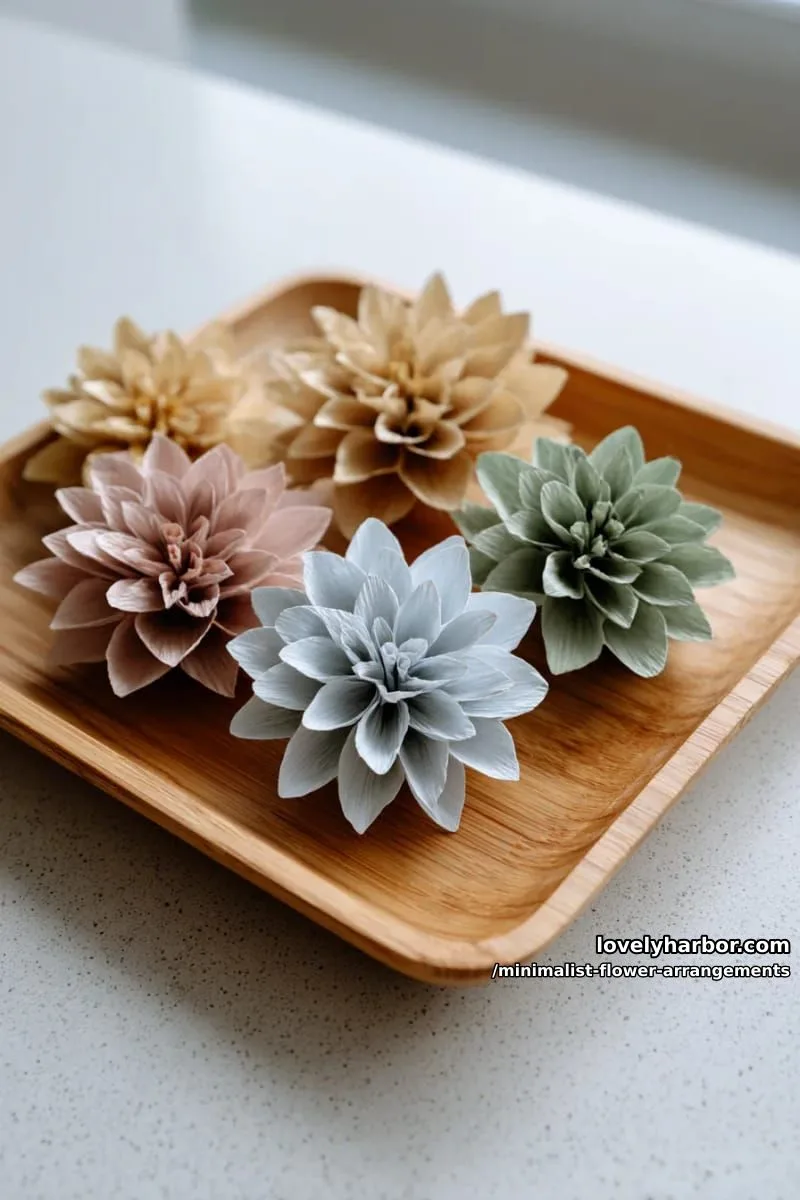 15 Chic Minimalist Flower Arrangements: Simple Designs with Huge Impact 46 minimalistic paper flowers in muted hues, arranged on wooden tray 1
