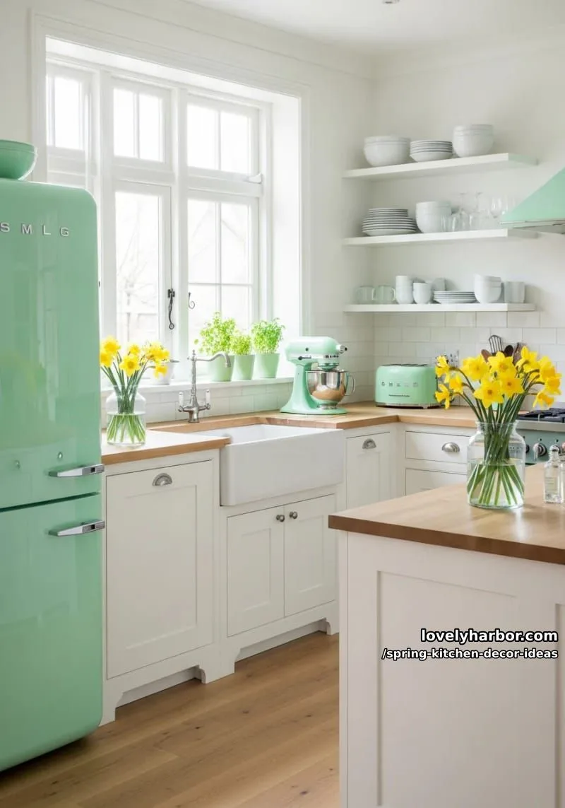 mint green appliances paired with daffodil bouquets 1