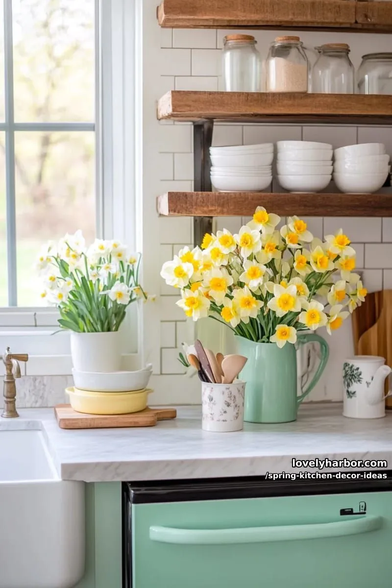 mint green appliances paired with daffodil bouquets 1