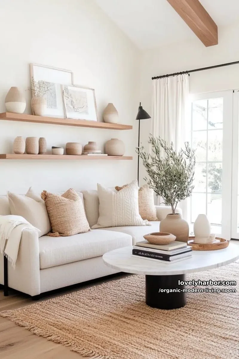 mix creamy ceramics and matte vases on floating natural wood shelves 1