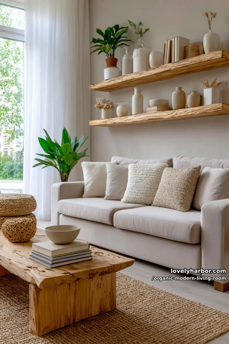 mix creamy ceramics and matte vases on floating natural wood shelves 1