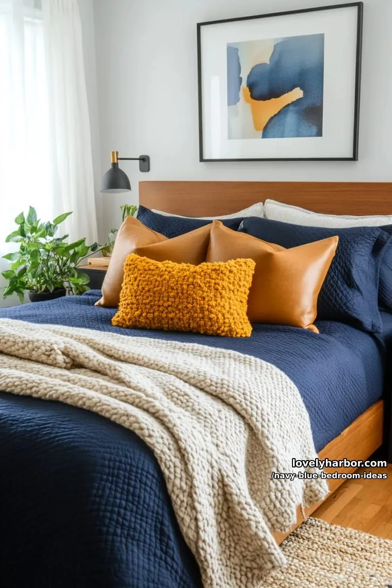 mix navy blue bedding with camel leather throw pillows and textured knits 1