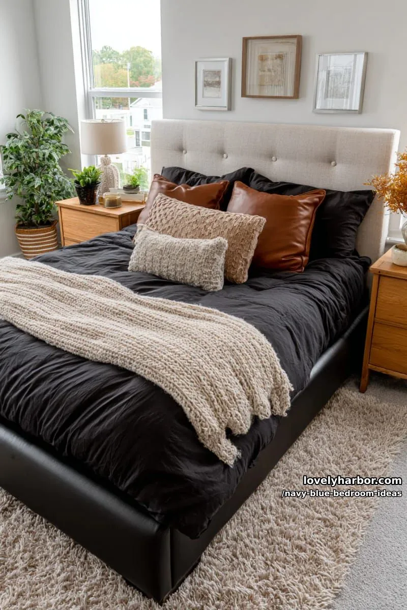 mix navy blue bedding with camel leather throw pillows and textured knits 1
