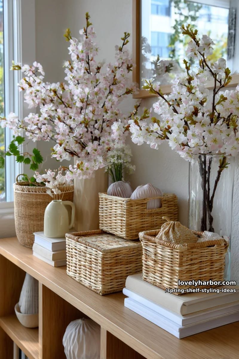 mix rattan baskets with blooming faux cherry blossom branches for airy texture. 1