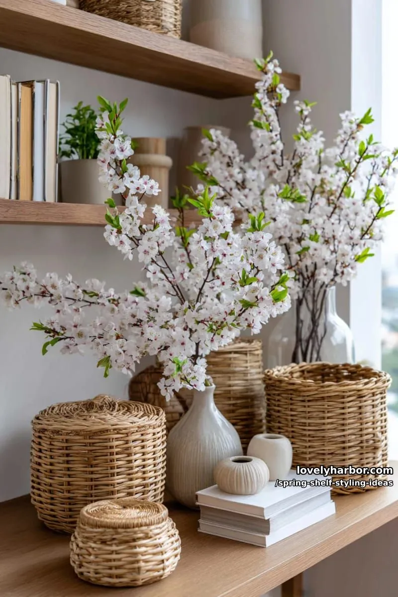 mix rattan baskets with blooming faux cherry blossom branches for airy texture. 1