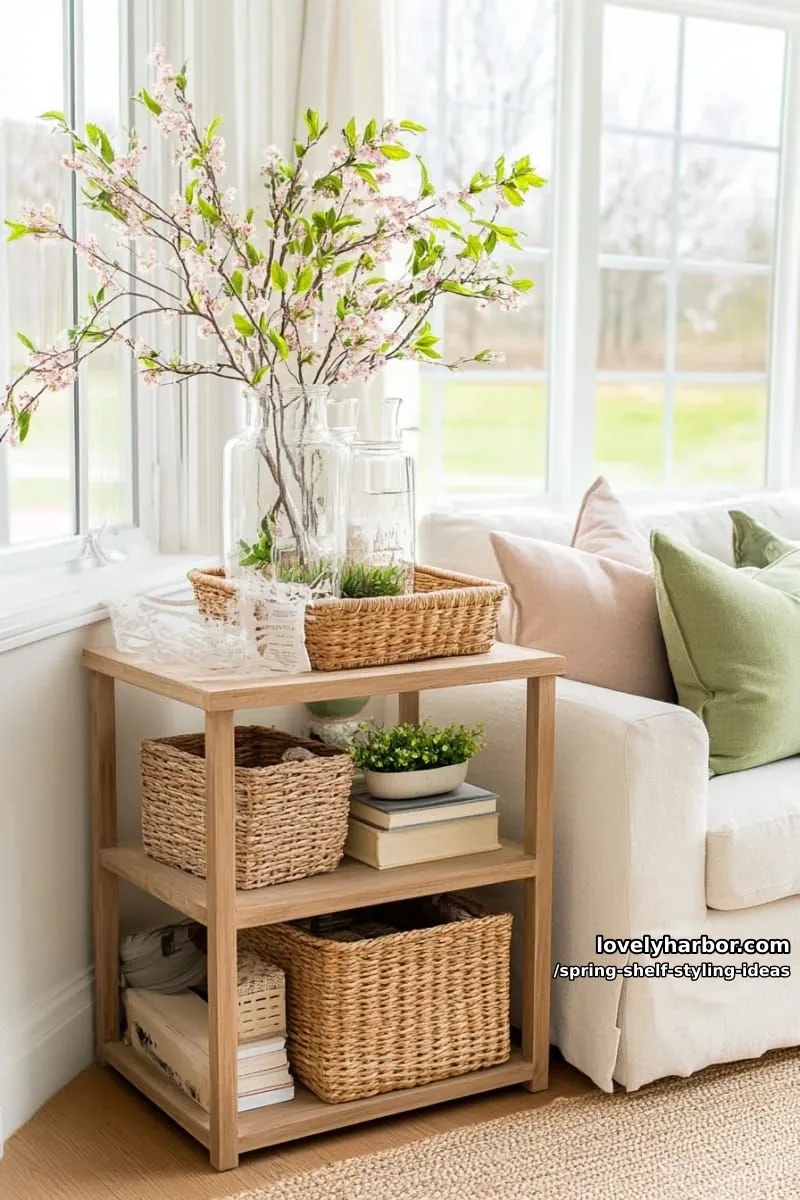 mix rattan baskets with blooming faux cherry blossom branches for airy texture. 1