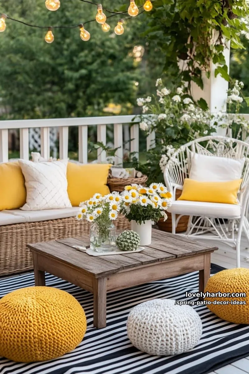 21 Spring Patio Decor Ideas To Welcome The New Season 15 mix striped outdoor rugs with string lights and lemon-yellow poufs for a lively vibe 1