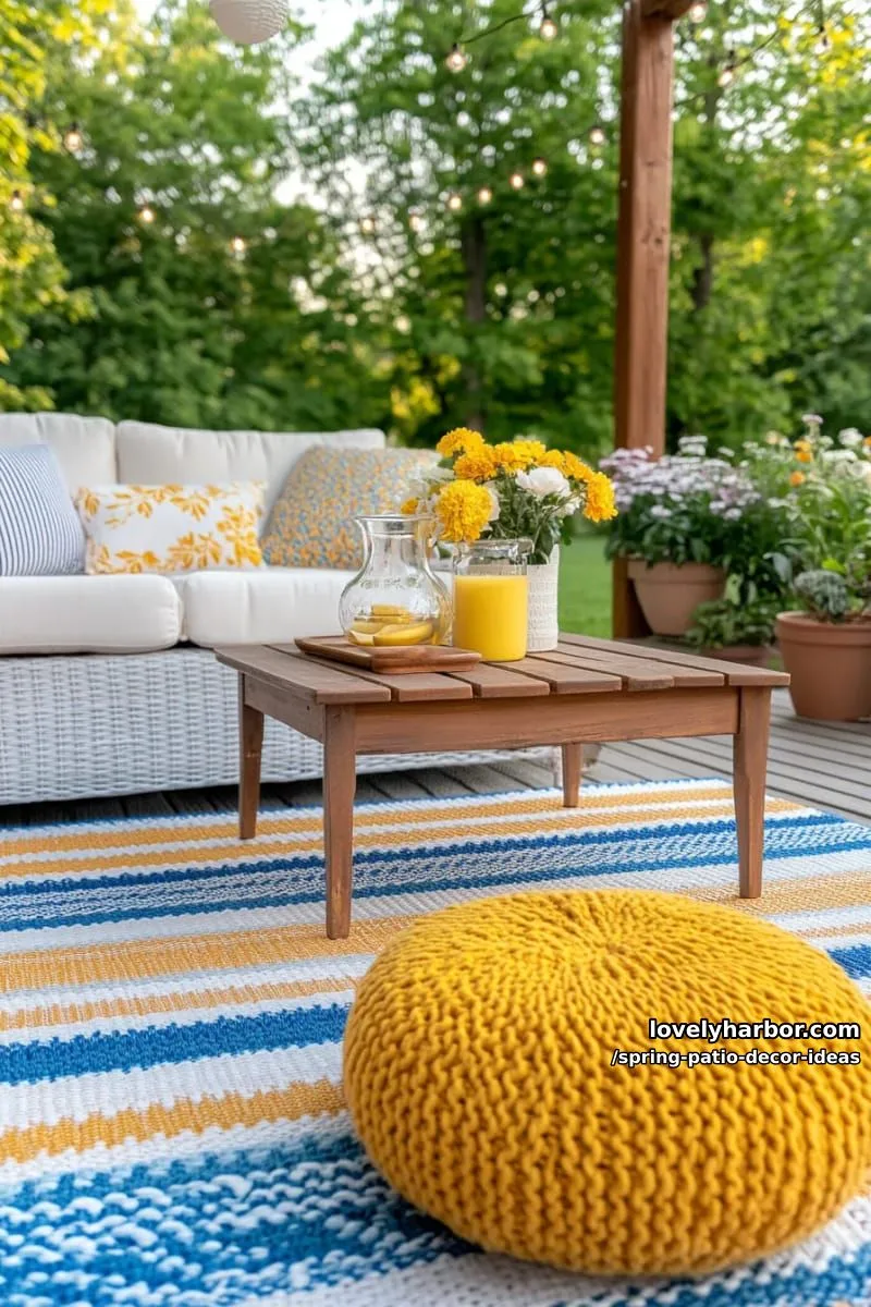 21 Spring Patio Decor Ideas To Welcome The New Season 16 mix striped outdoor rugs with string lights and lemon-yellow poufs for a lively vibe 1