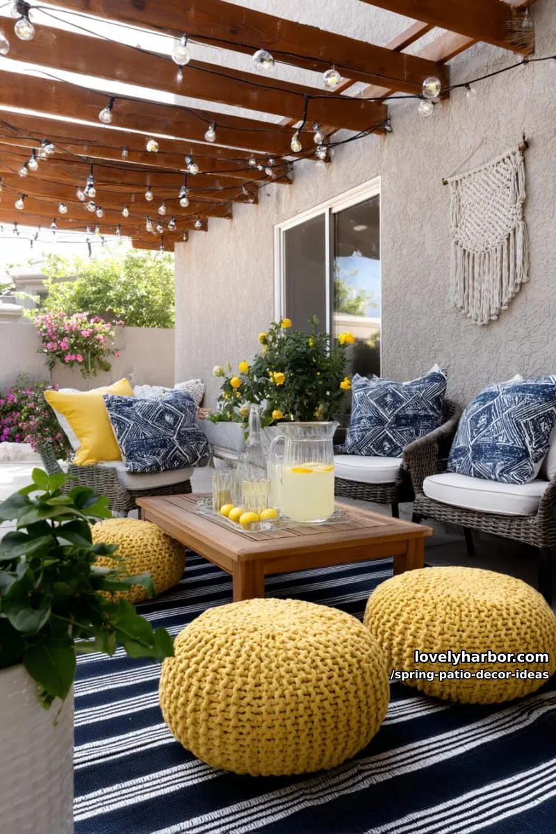 21 Spring Patio Decor Ideas To Welcome The New Season 17 mix striped outdoor rugs with string lights and lemon-yellow poufs for a lively vibe 1