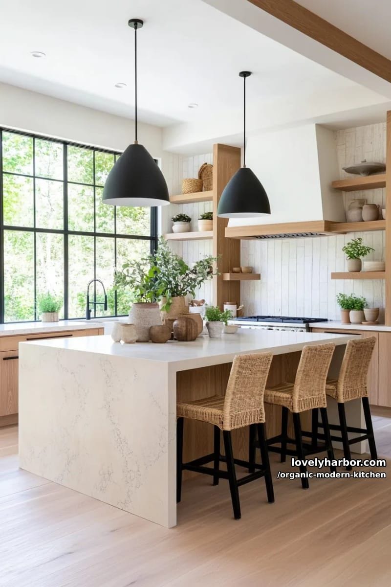 mix warm wood cabinetry with sleek white stone waterfall kitchen islands. 1