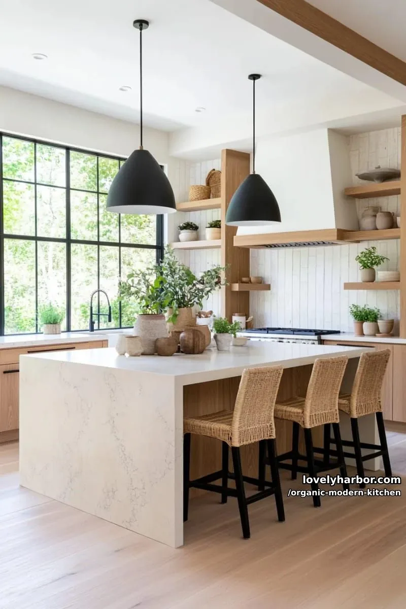 mix warm wood cabinetry with sleek white stone waterfall kitchen islands. 1