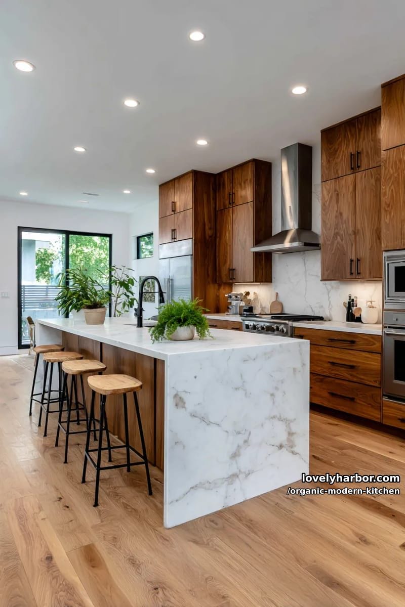 mix warm wood cabinetry with sleek white stone waterfall kitchen islands. 1