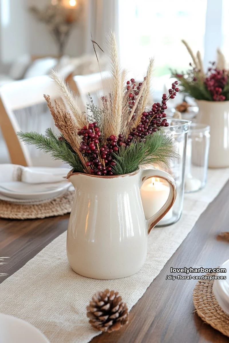 15 Easy DIY Floral Centerpiece Designs with Modern Flair 8 mixed dried grasses and berry stems in ceramic pitchers, natural rustic style 1