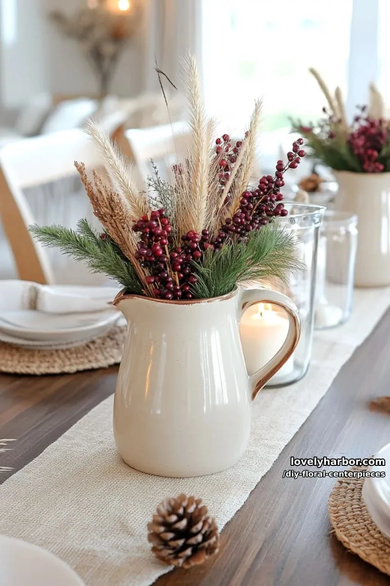 mixed dried grasses and berry stems in ceramic pitchers, natural rustic style 1