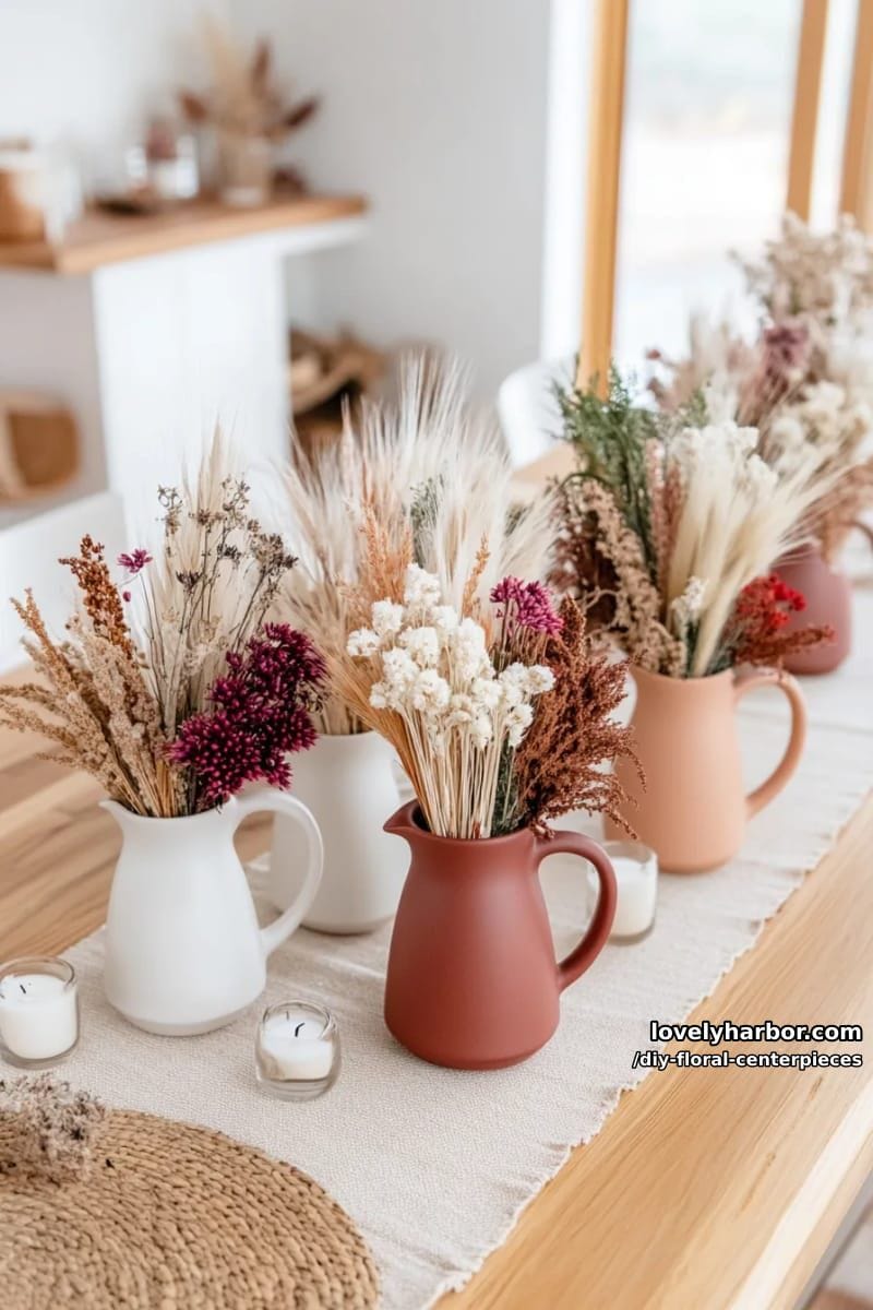 15 Easy DIY Floral Centerpiece Designs with Modern Flair 9 mixed dried grasses and berry stems in ceramic pitchers, natural rustic style 1