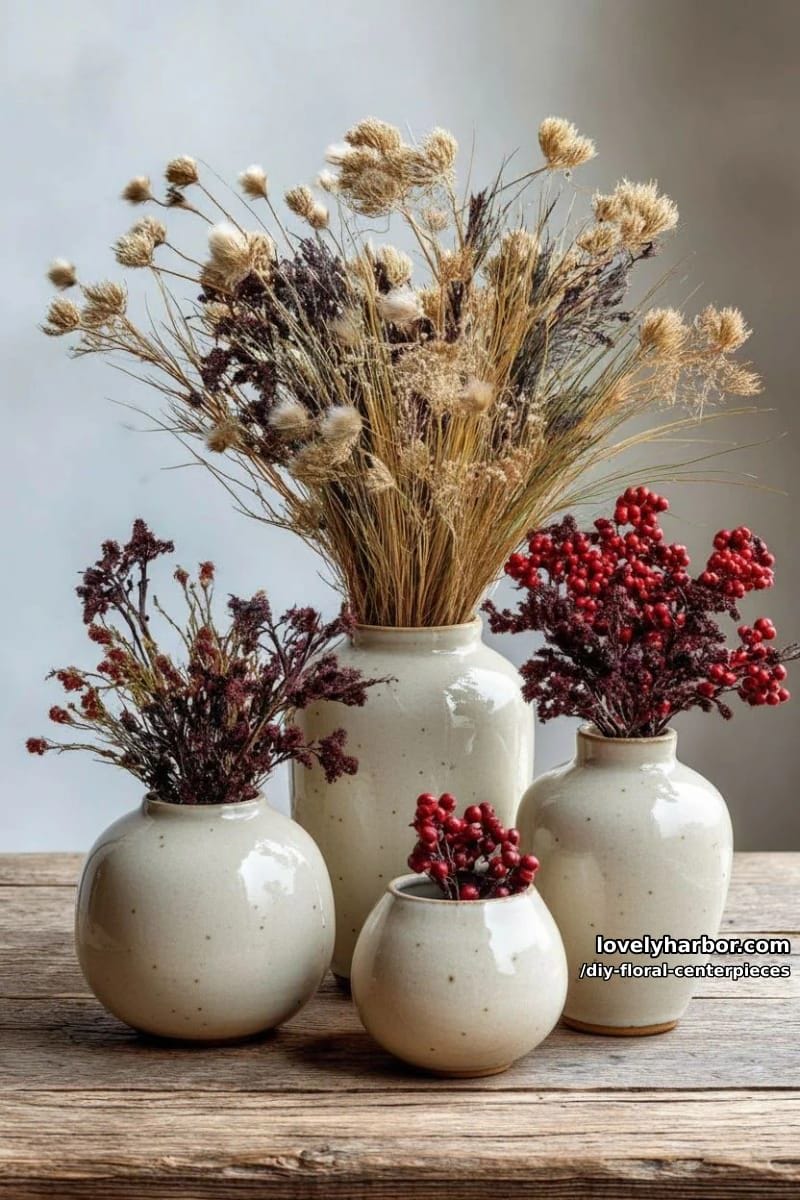 15 Easy DIY Floral Centerpiece Designs with Modern Flair 10 mixed dried grasses and berry stems in ceramic pitchers, natural rustic style 1