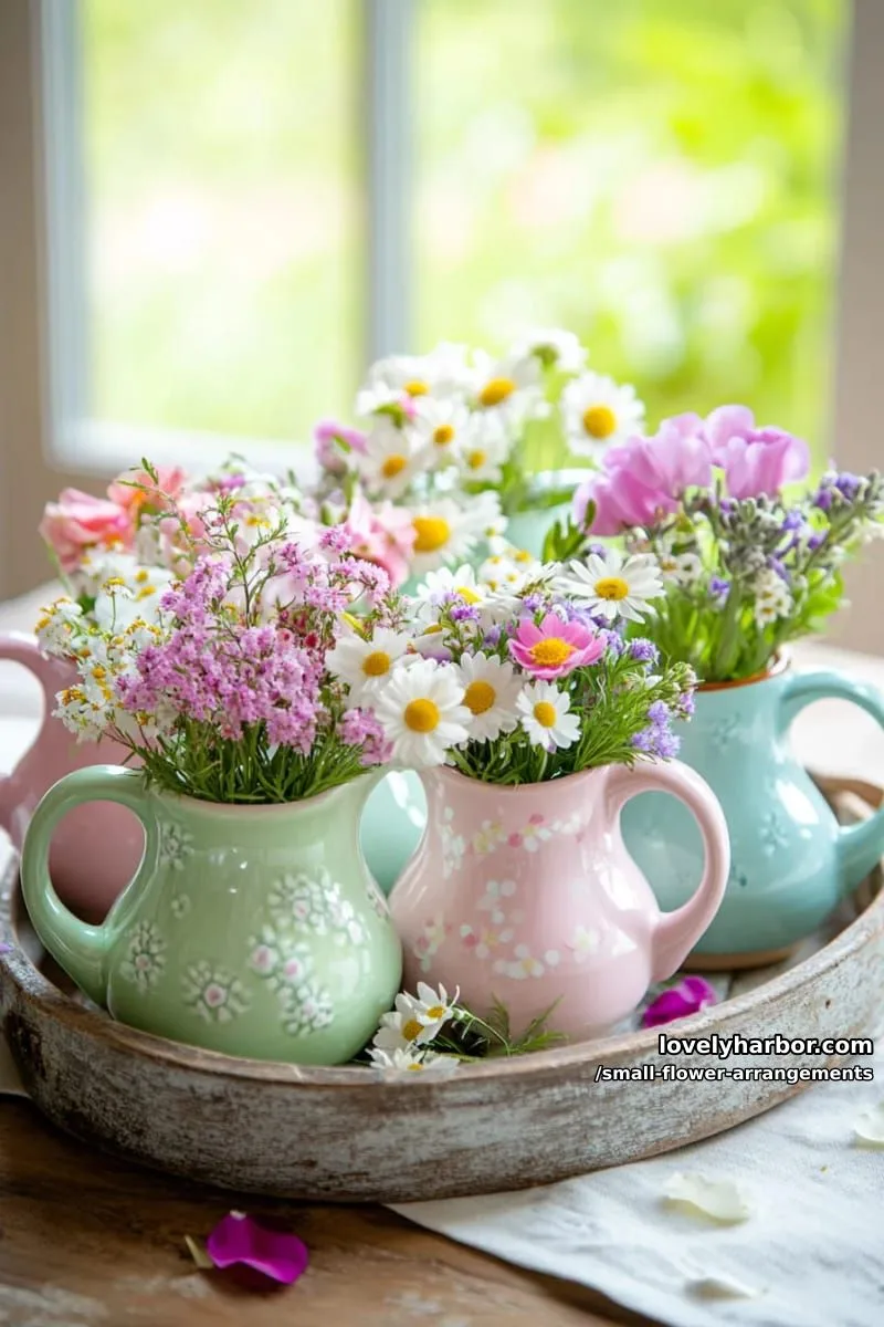 19 Classy Small Flower Arrangements to Cheer You Up in Spring 27 mixed garden blooms clustered inside tiny ceramic pitchers 1
