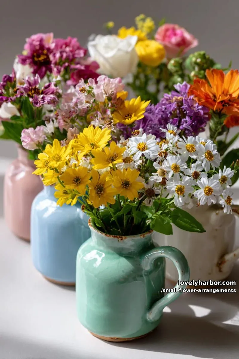 19 Classy Small Flower Arrangements to Cheer You Up in Spring 28 mixed garden blooms clustered inside tiny ceramic pitchers 1