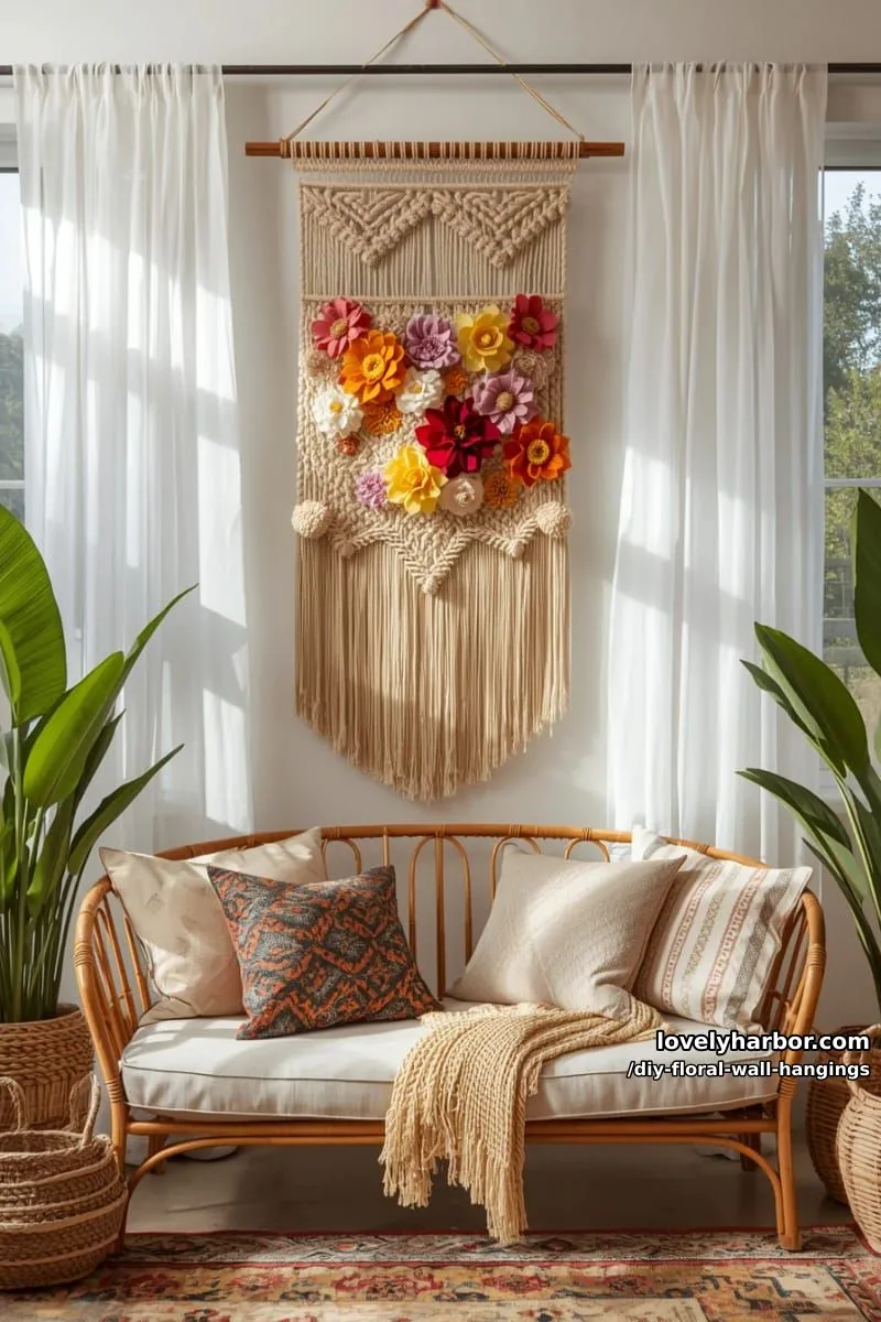 mixed macrame and felt flower wall hanging with trailing tassels 1