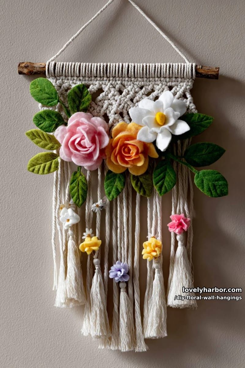 mixed macrame and felt flower wall hanging with trailing tassels 1