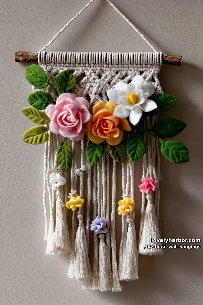 mixed macrame and felt flower wall hanging with trailing tassels 1