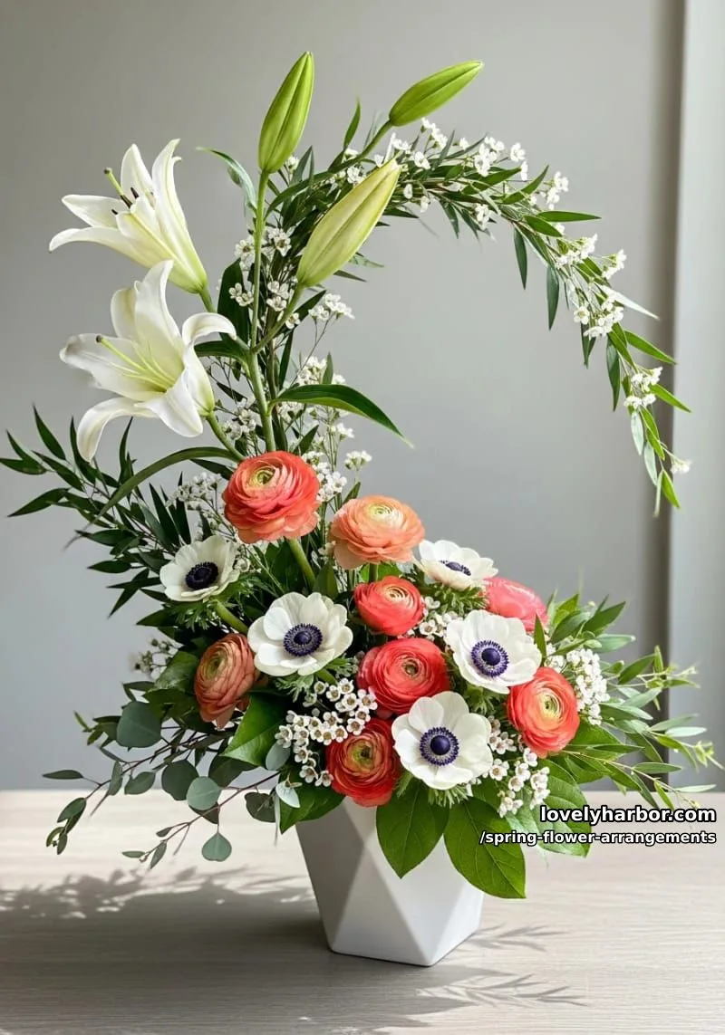 modern asymmetrical spring arrangement with lilies, ranunculus, and anemones 38
