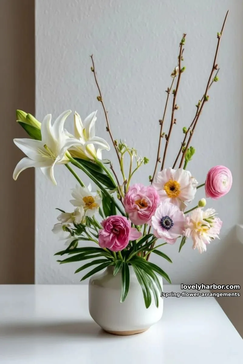 15 Spring Flower Arrangements That Will Warm Your Heart 39 modern asymmetrical spring arrangement with lilies, ranunculus, and anemones 1