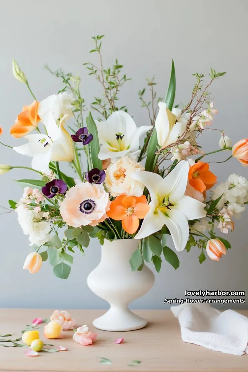 15 Spring Flower Arrangements That Will Warm Your Heart 40 modern asymmetrical spring arrangement with lilies, ranunculus, and anemones 1