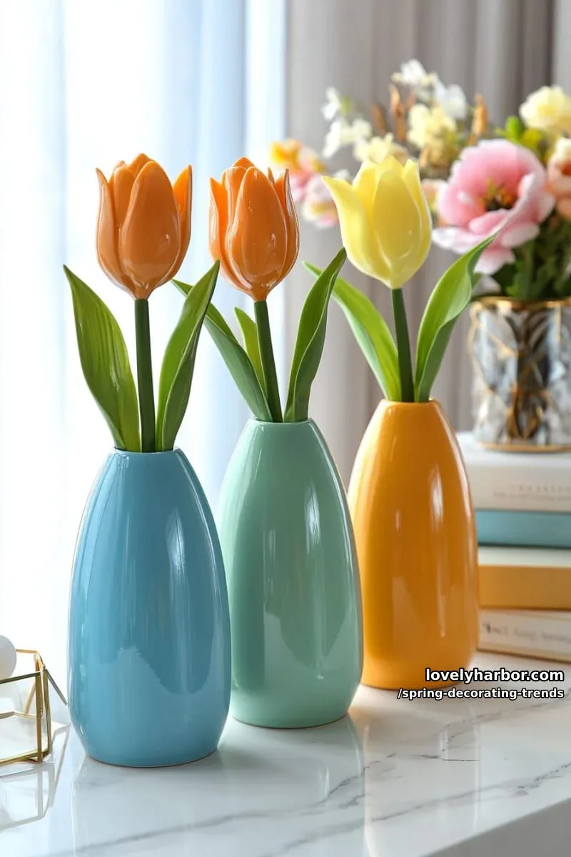 modern block-colored vases with a single dramatic tulip per vase 1