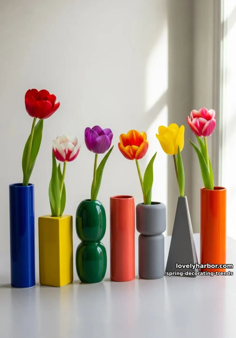 modern block-colored vases with a single dramatic tulip per vase 1