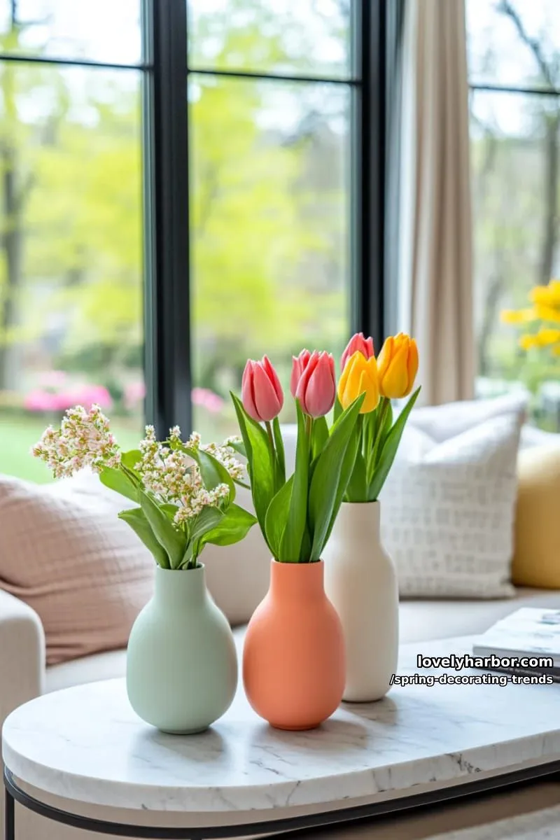 modern block-colored vases with a single dramatic tulip per vase 44