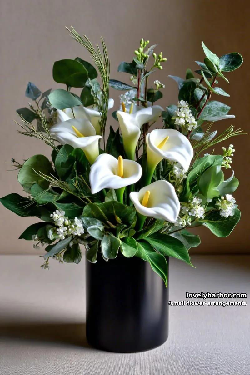 19 Classy Small Flower Arrangements to Cheer You Up in Spring 29 modern calla lilies and greenery in a black cylinder vase 1