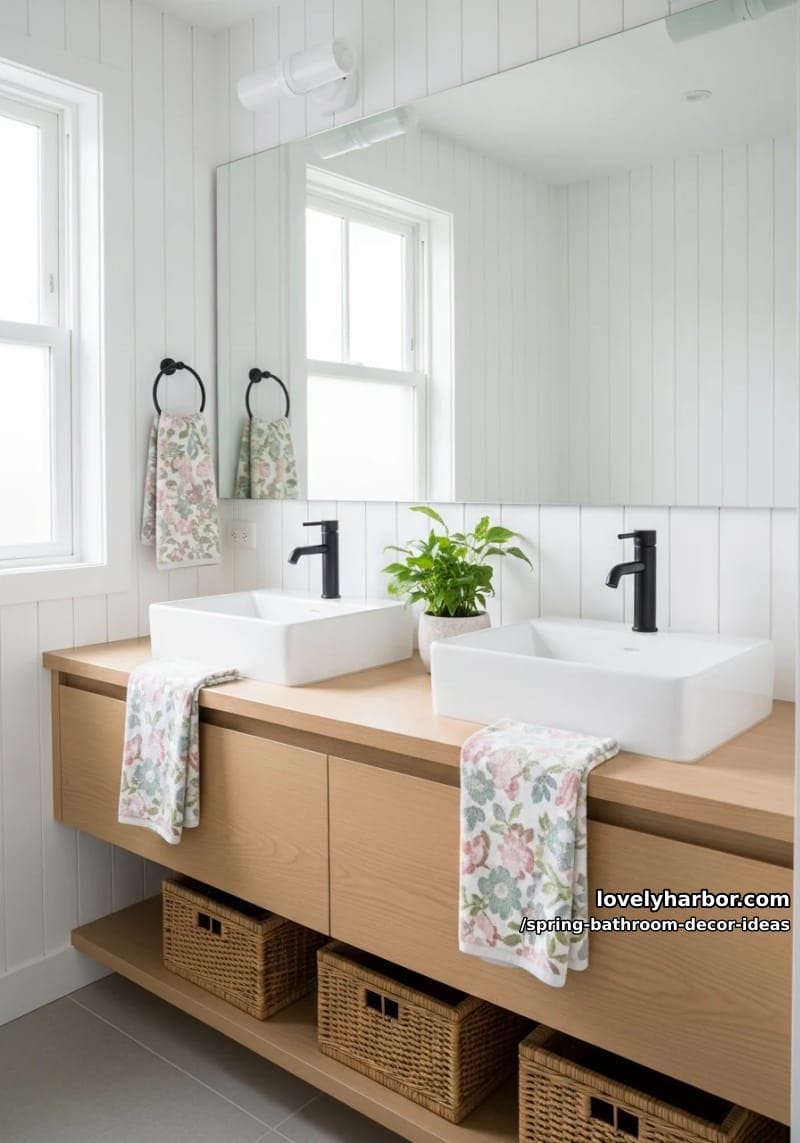 modern farmhouse look: shiplap walls, white sinks, and floral hand towels 1