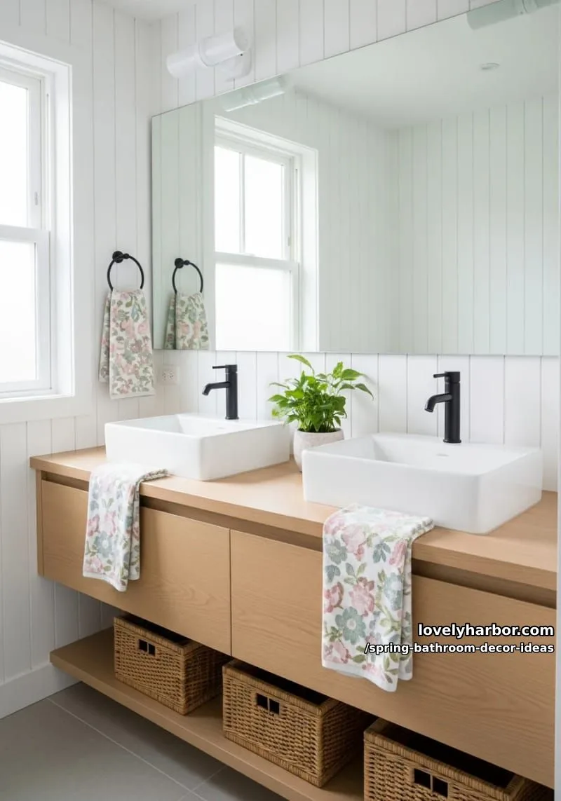 modern farmhouse look: shiplap walls, white sinks, and floral hand towels 1