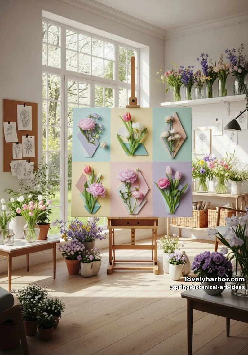 modern geometric layout of spring flowers in pastel color blocks 1