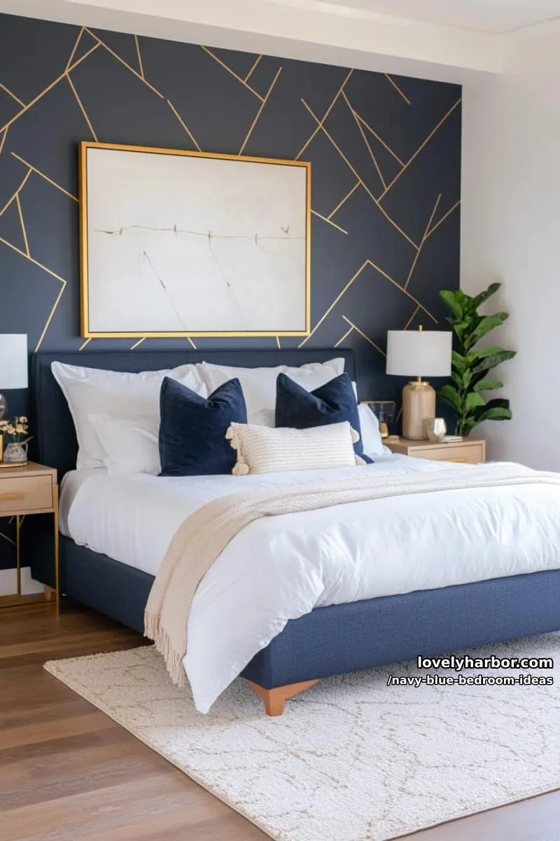 modern navy blue wallpaper with gold geometric accents and matching nightstands 1