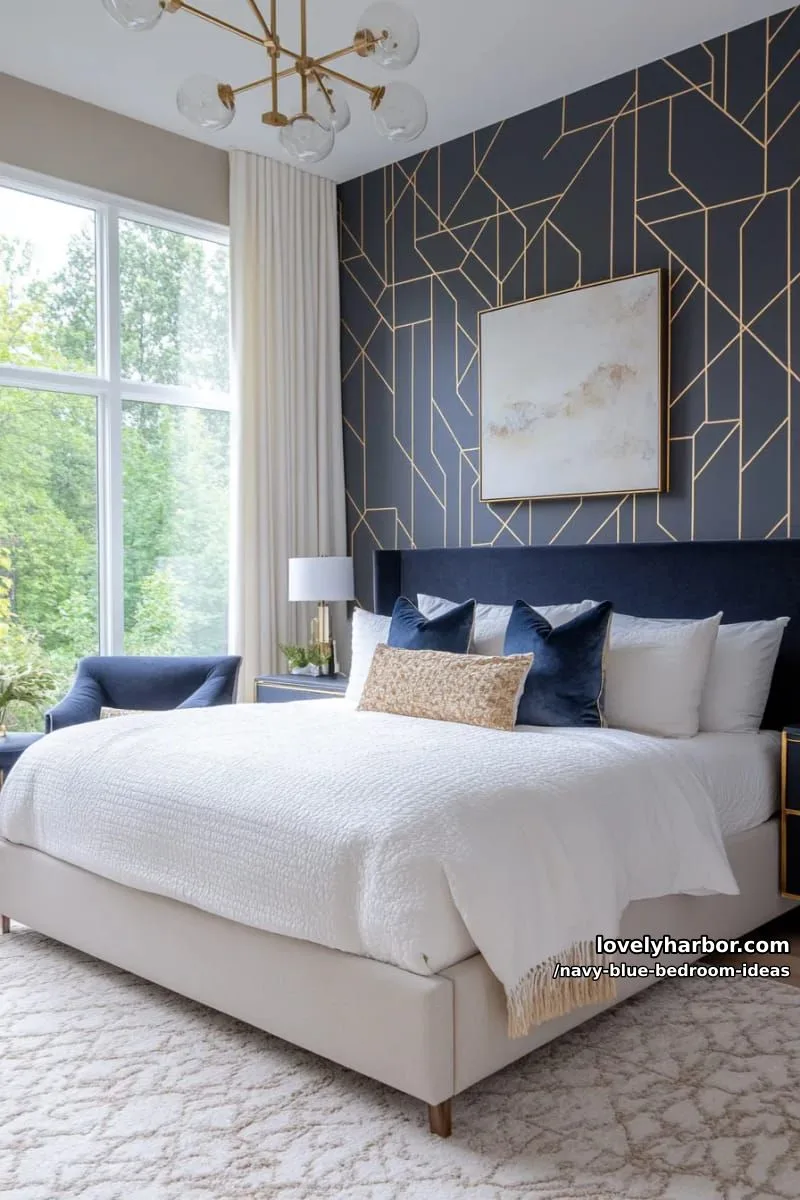modern navy blue wallpaper with gold geometric accents and matching nightstands 1