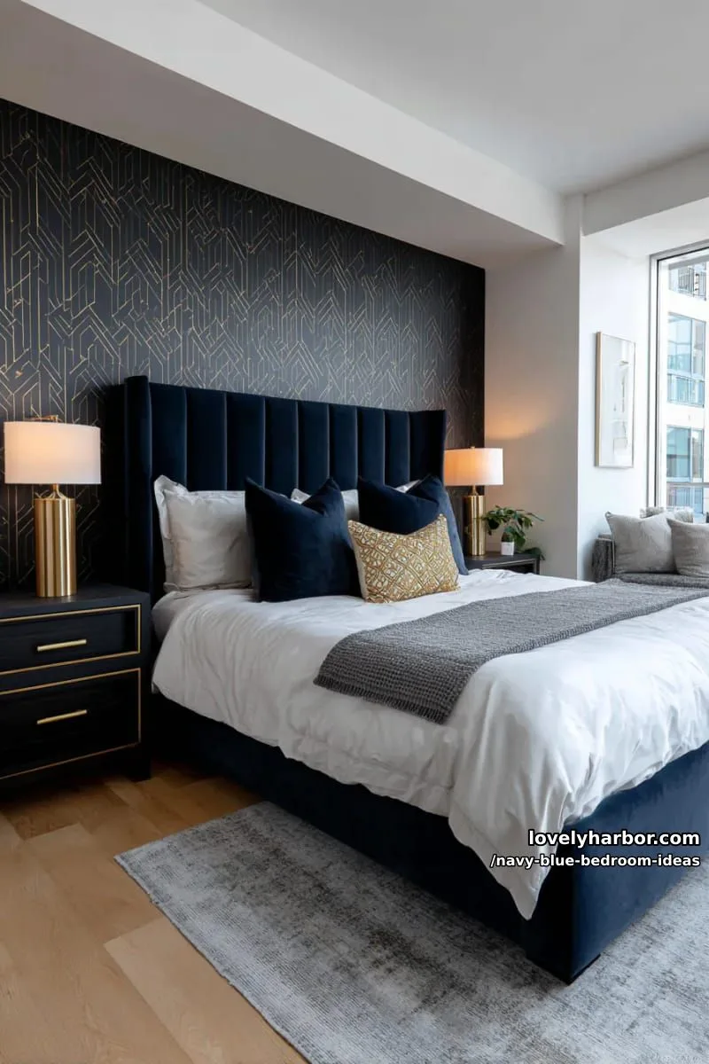 modern navy blue wallpaper with gold geometric accents and matching nightstands 1